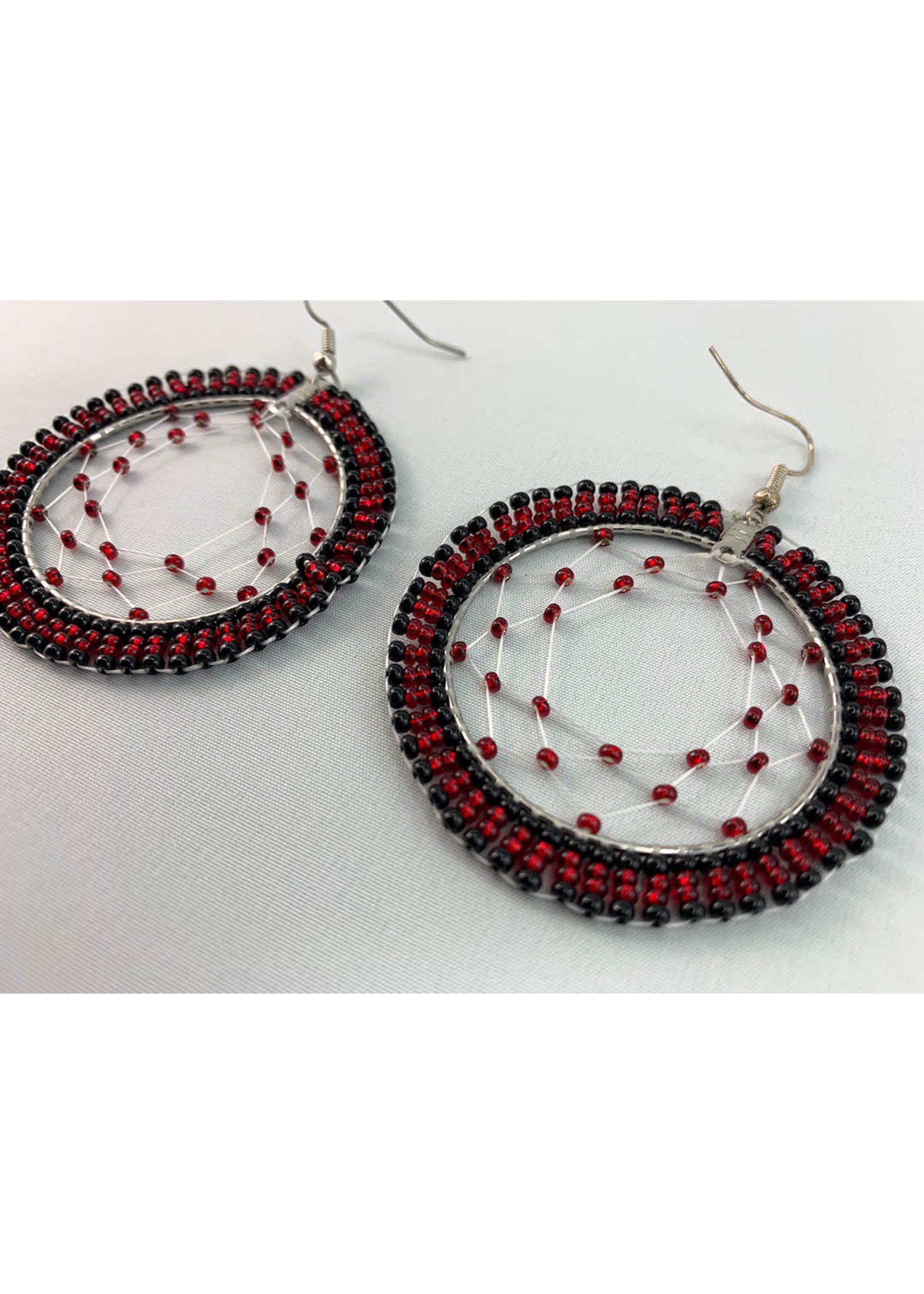Circle of Eagles Beaded Earrings Dreamcatcher Hoops Silver Lined Red and Black