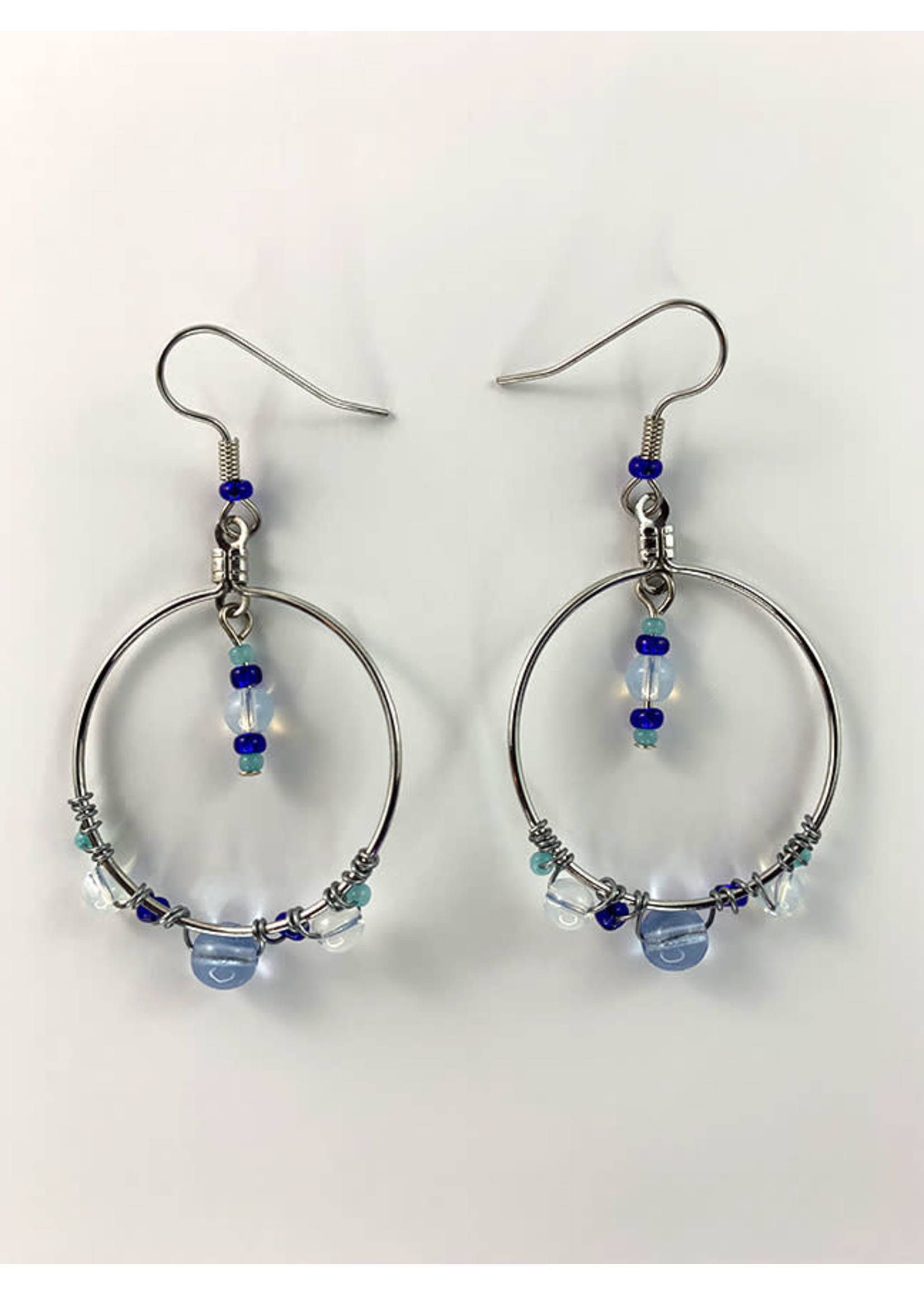 Circle of Eagles Beaded Earrings Hoops - Blue and White Beads (SOLD)