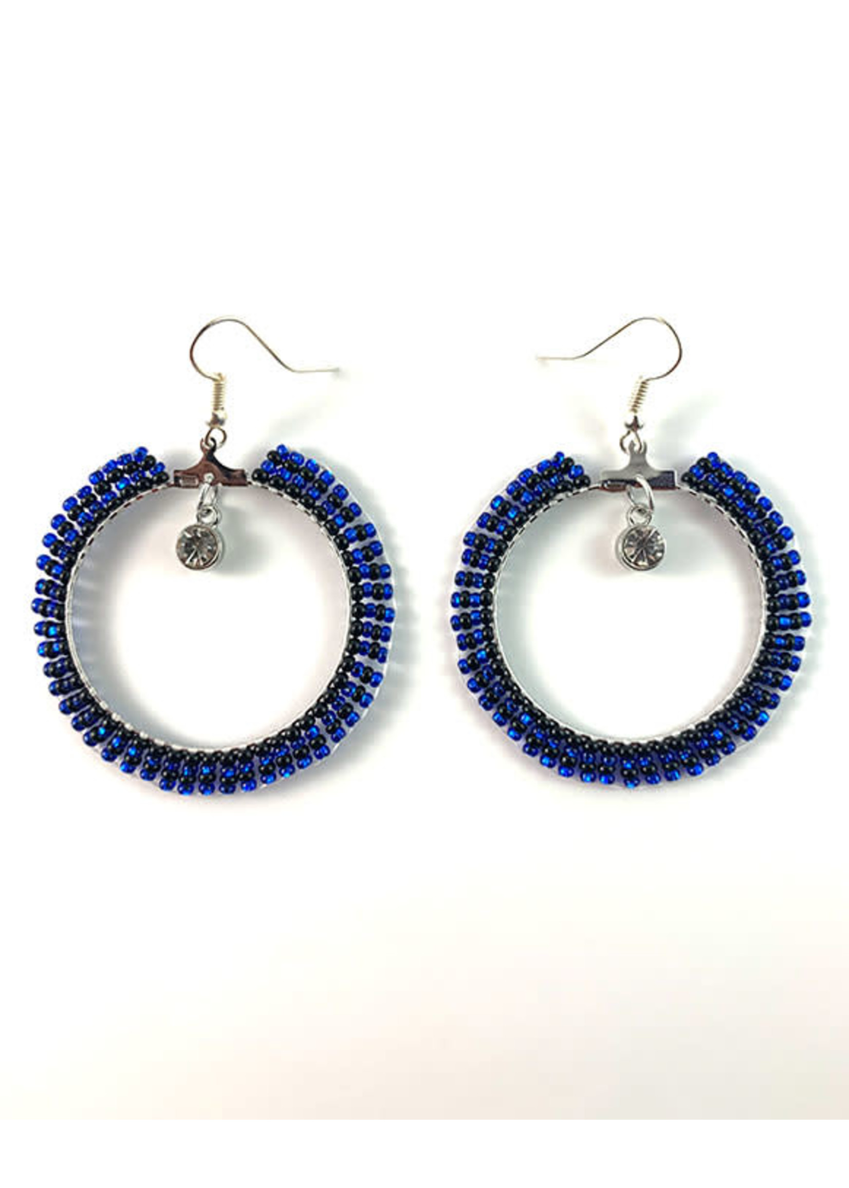 Beaded Earrings Hoops Silver Lined Blue and Opaque Black with Jewel (SOLD)