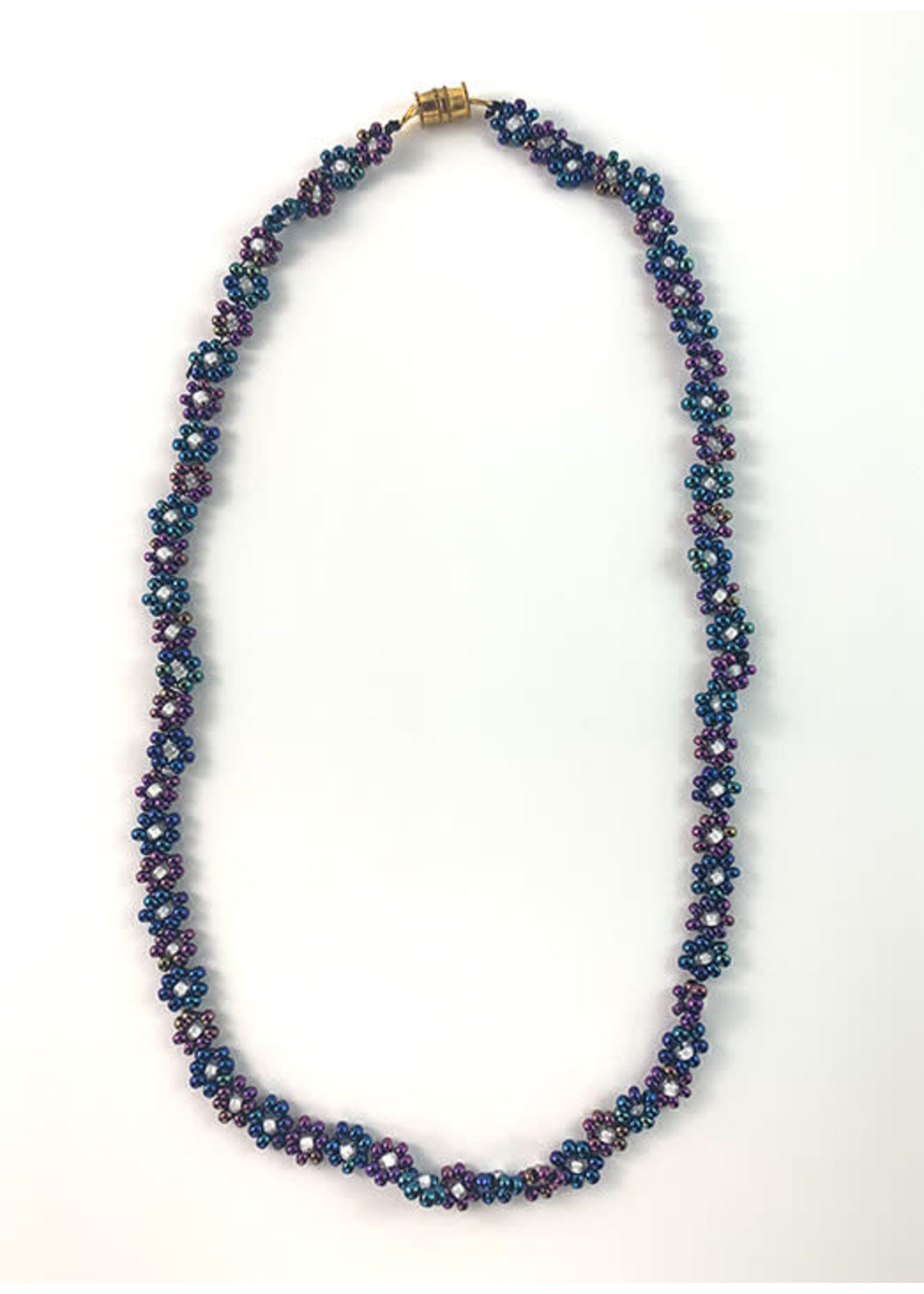 Circle of Eagles Beaded Flower Necklace - Gunmetal, silver lined purple & crystal