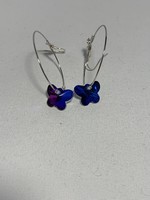 Silver Hoops with Blue & Purple Crystal Butterflies, Silver Lined Crystal Beads