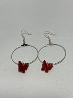Silver Hoops with Red Butterflies