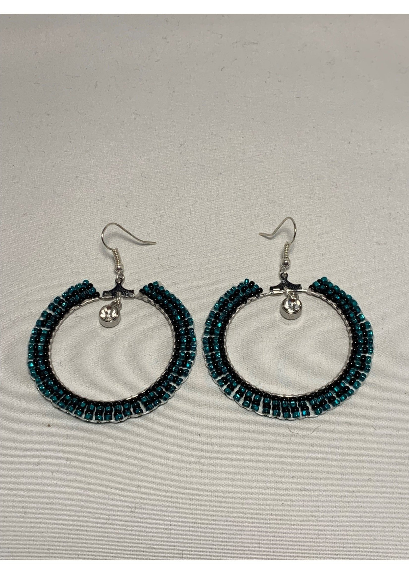 Beaded Earrings Hoops Silver Lined Turquoise and Opaque Black with Jewel (SOLD)