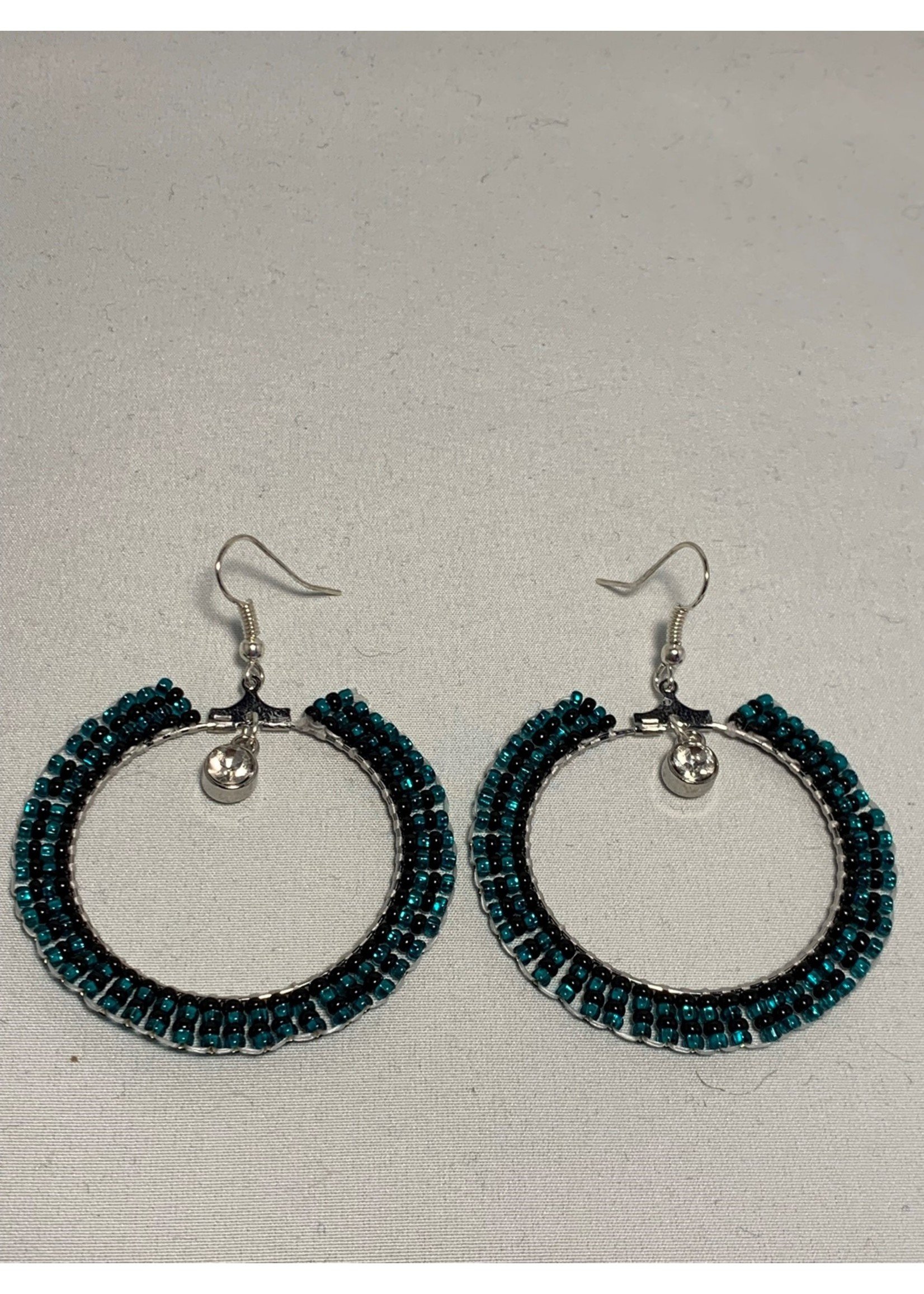 Beaded Earrings Hoops Silver Lined Turquoise and Opaque Black with Jewel (SOLD)