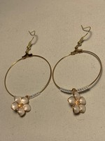 Large Hoop Earrings Pearl White Flowers on Gold Hoop with Gold Lined Pearl Beads