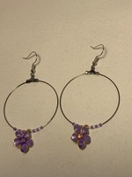 Large Hoop Earrings Pearl Purple Flowers with Purple and Gold Lined Pearl Beads