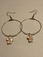 Large Hoop Earrings Pearl White Flowers with Gold Lined Pearl Beads