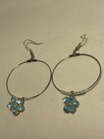 Large Hoop Earrings Pearl Blue Flowers with Blue and Gold Lined Pearl Beads
