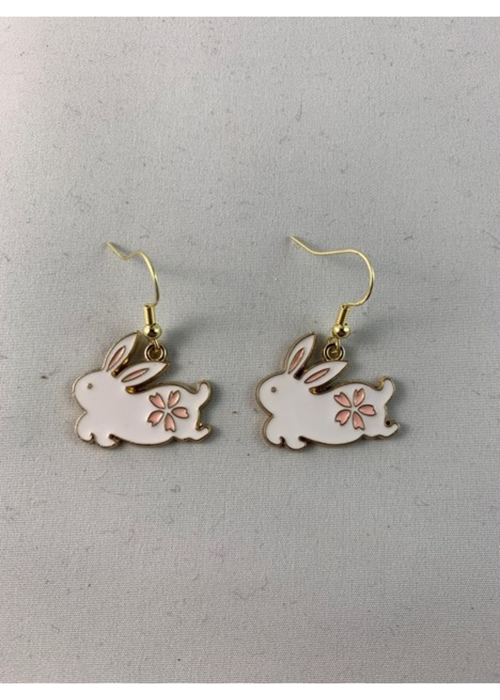 Earrings White Bunny with Pink Flower