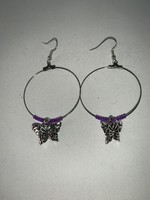 Large Hoop Earrings with Silver Butterfly and Silver Lined Purple Beads