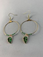 Large Hoop Earrings Gold with Green Leaf