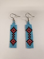 Beaded Earrings - Sky blue with red and black diamonds
