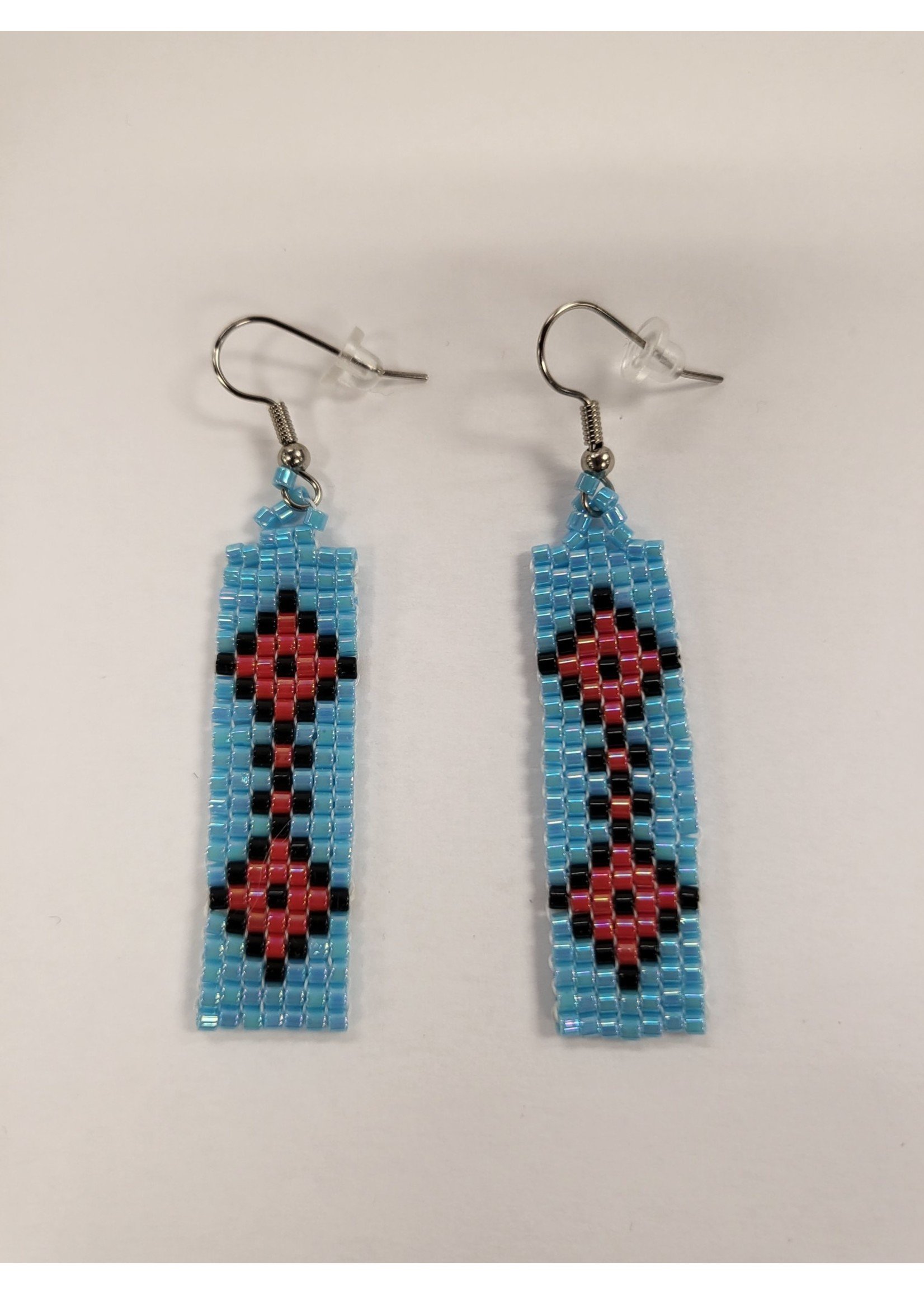 Beaded Earrings - Sky blue with red and black diamonds