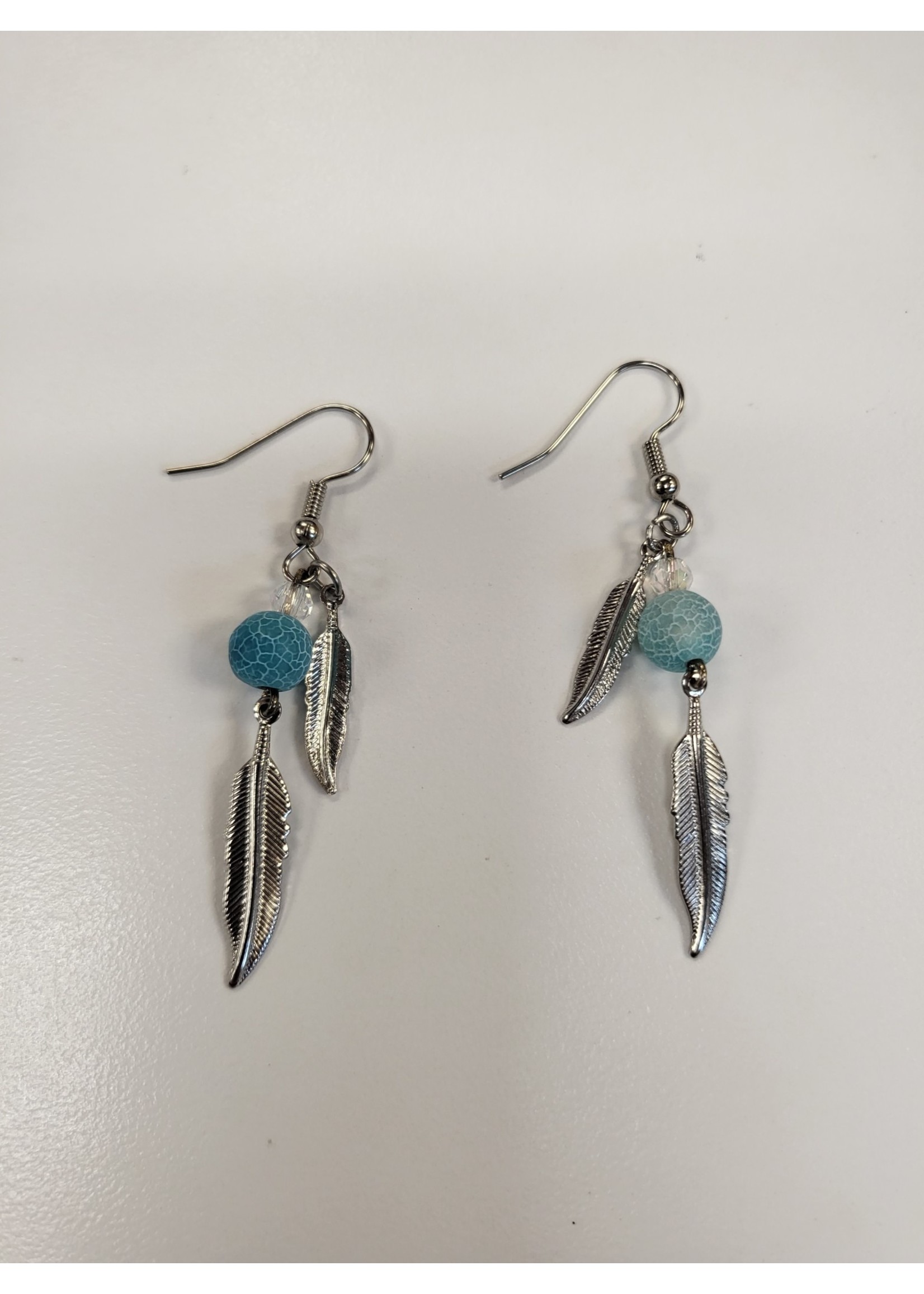 Earrings Silver Feather with Blue Bead