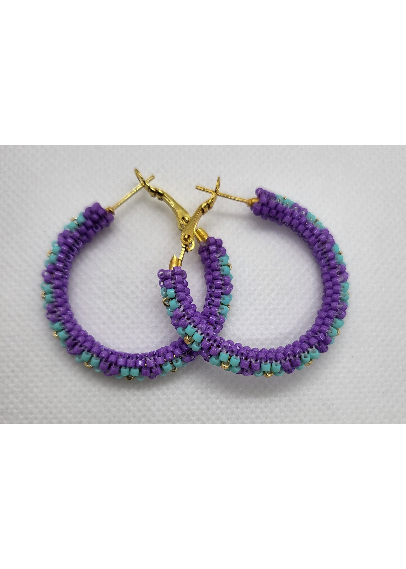 Beaded Hoops Purple and Turquoise Flowers