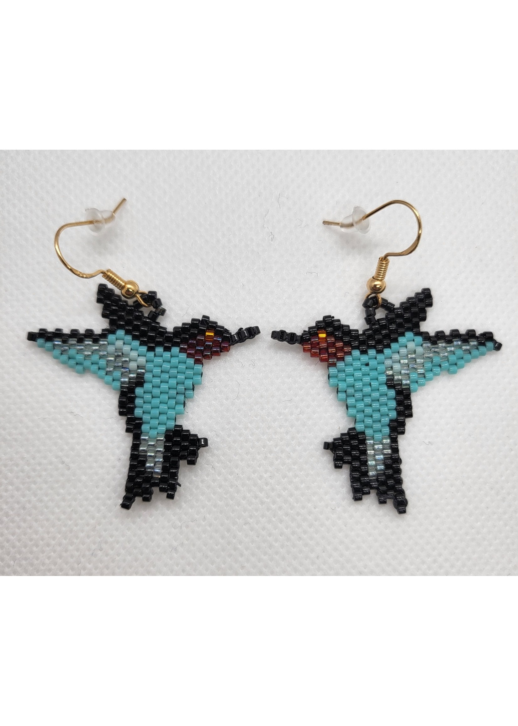 Beaded Hummingbirds Turquoise and Black Earrings