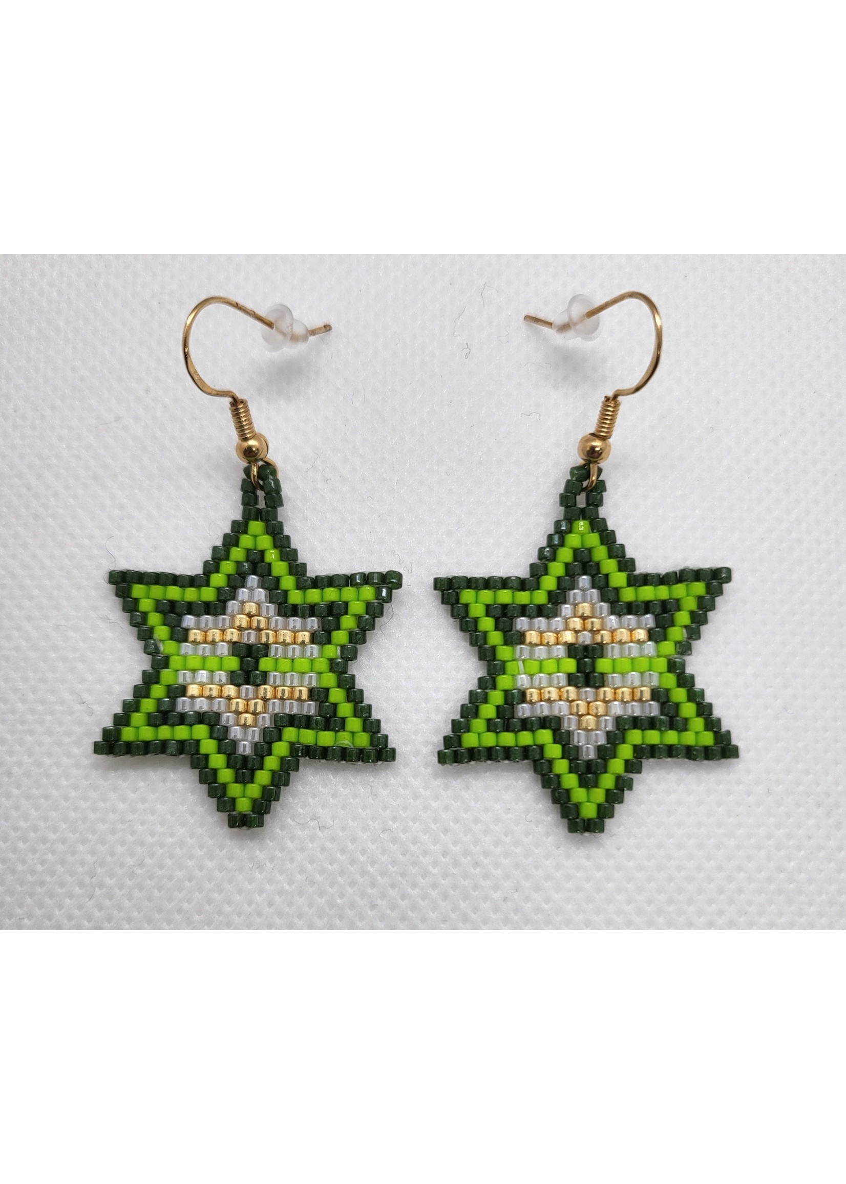 Beaded Stars Green, Pearl & Gold Earrings