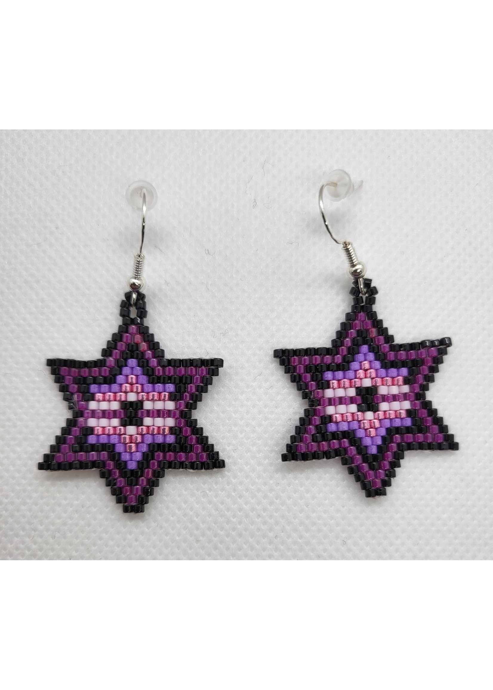 Beaded Stars Purple, Black & White Earrings