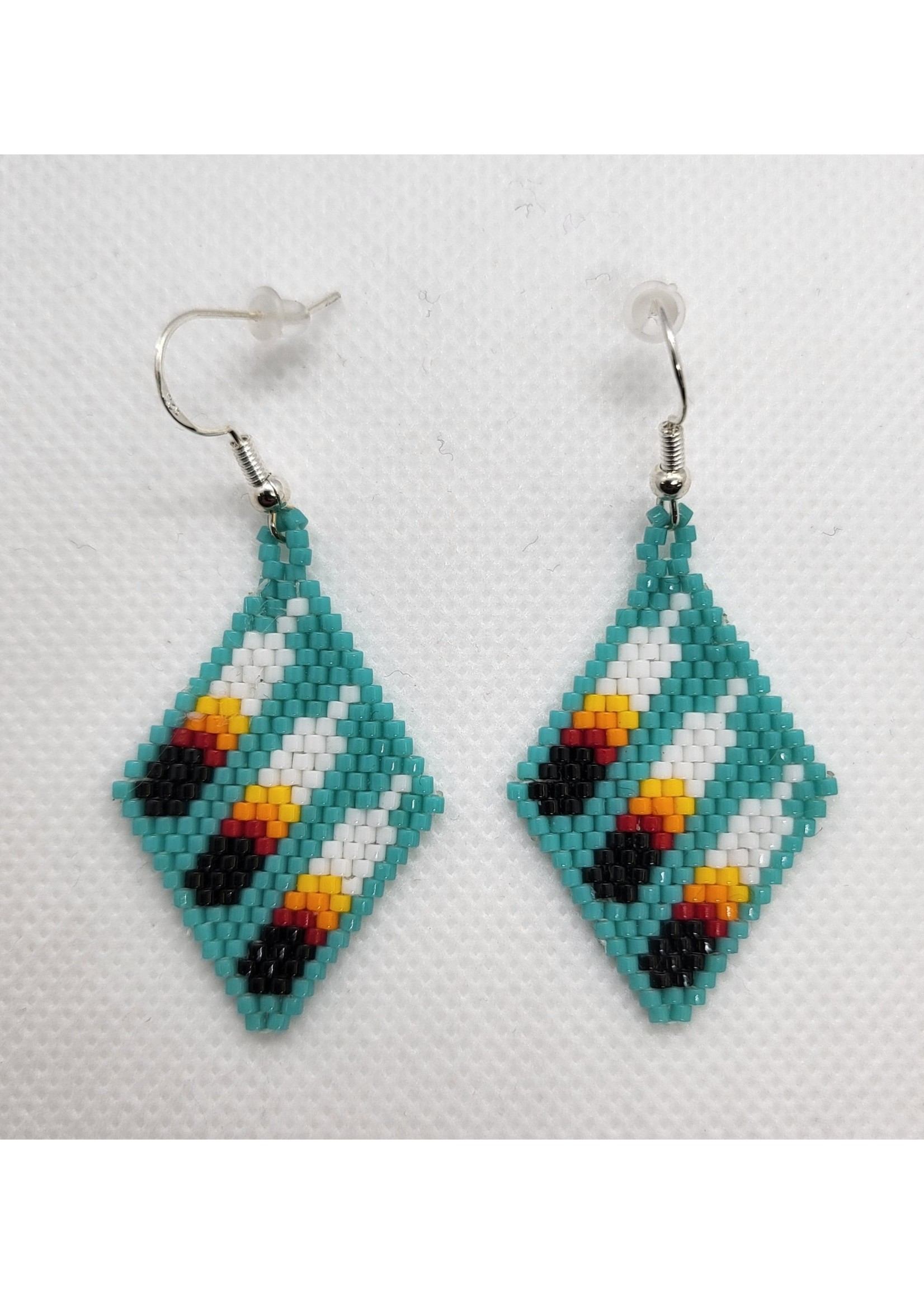 Beaded Diamond Turquoise with Feathers Earrings