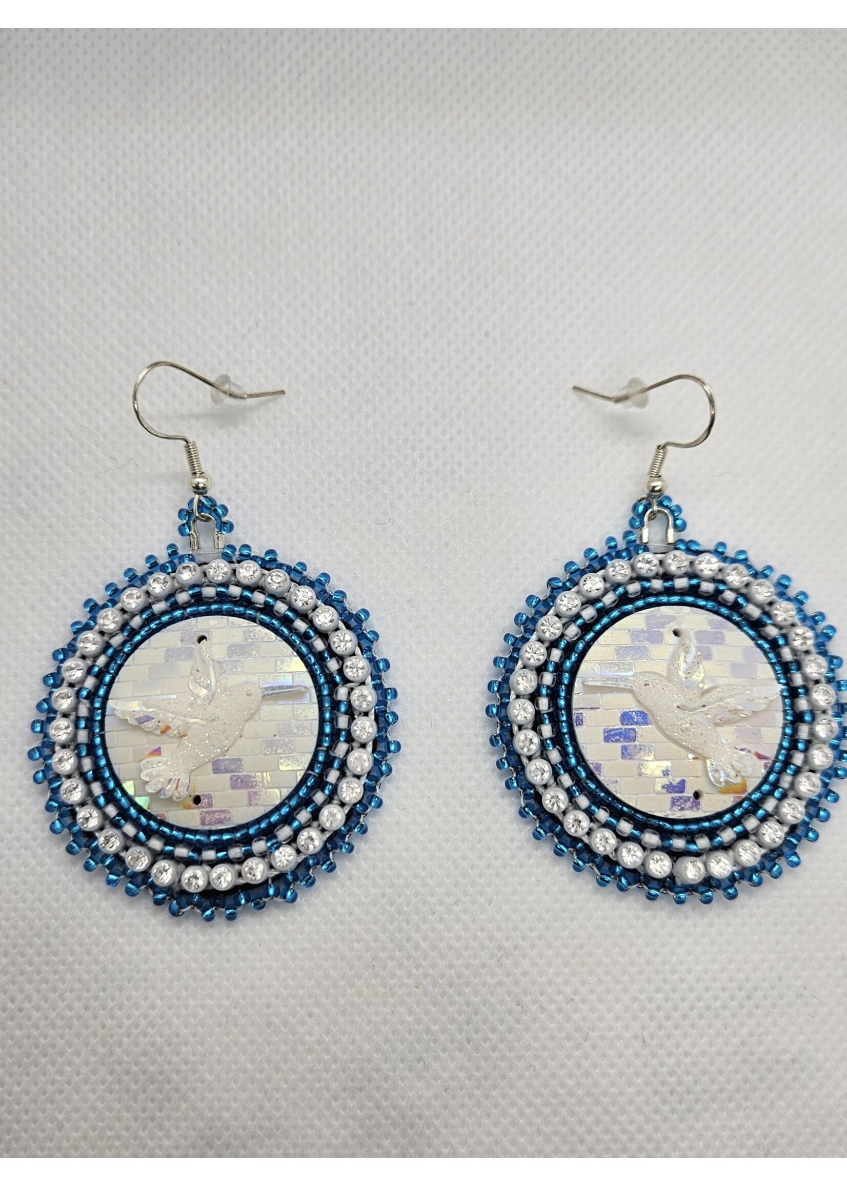 Beaded Earrings Hummingbird Cabochon White & Blue