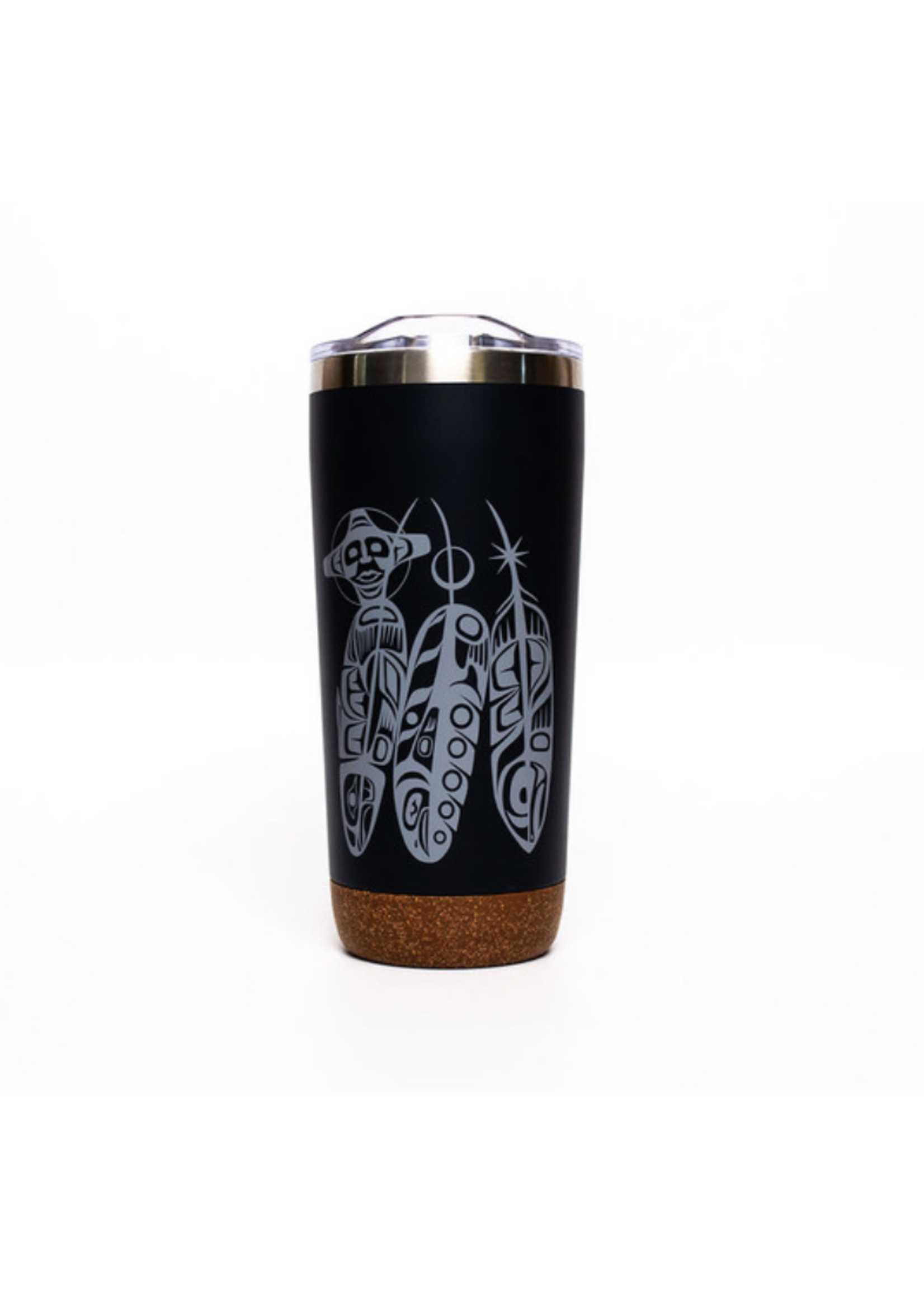 Native Northwest Cork Base Travel Mug 20 oz - Salmon Life Cycle (Feathers) by Paul Windsor