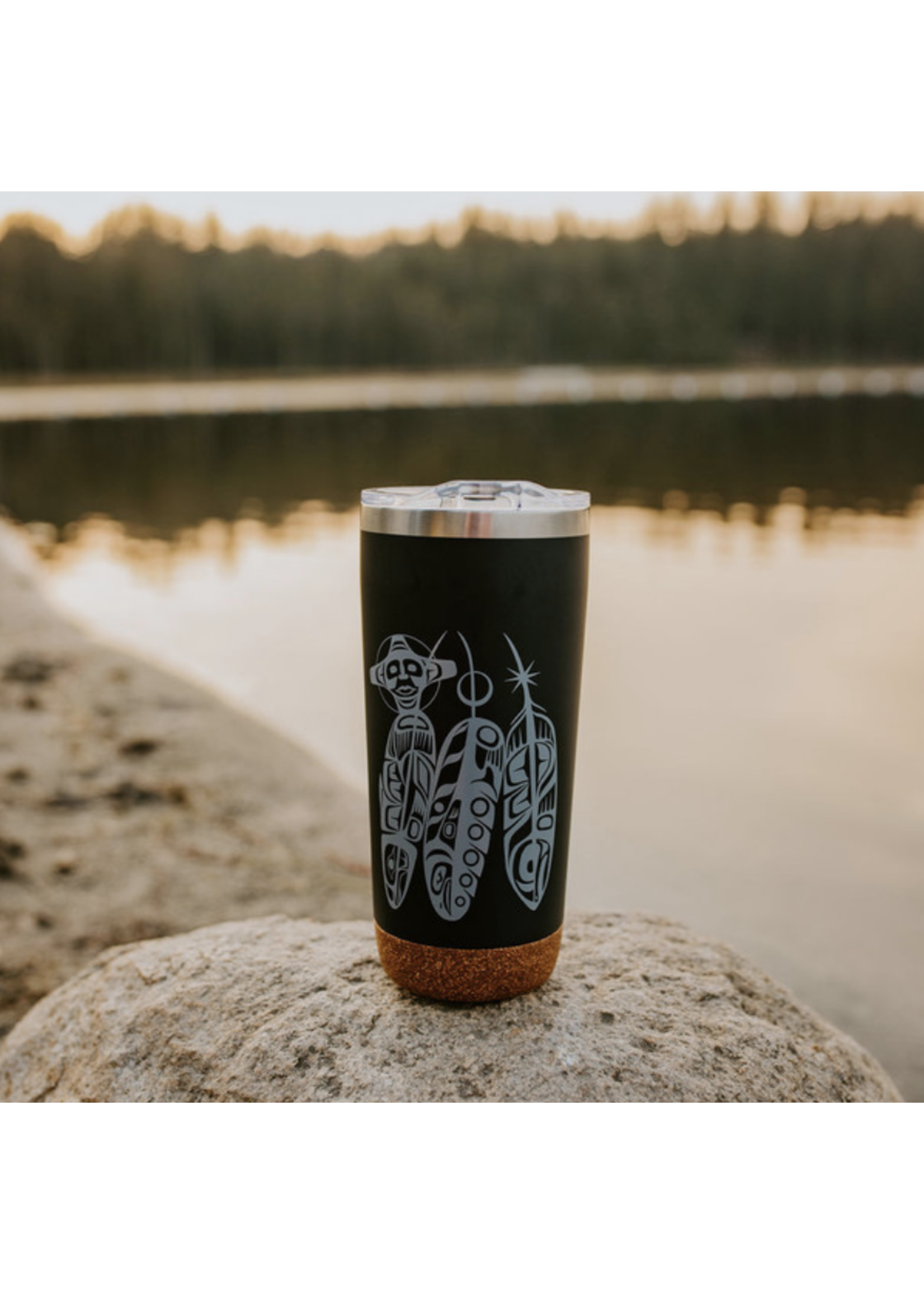 Native Northwest Cork Base Travel Mug 20 oz - Salmon Life Cycle (Feathers) by Paul Windsor