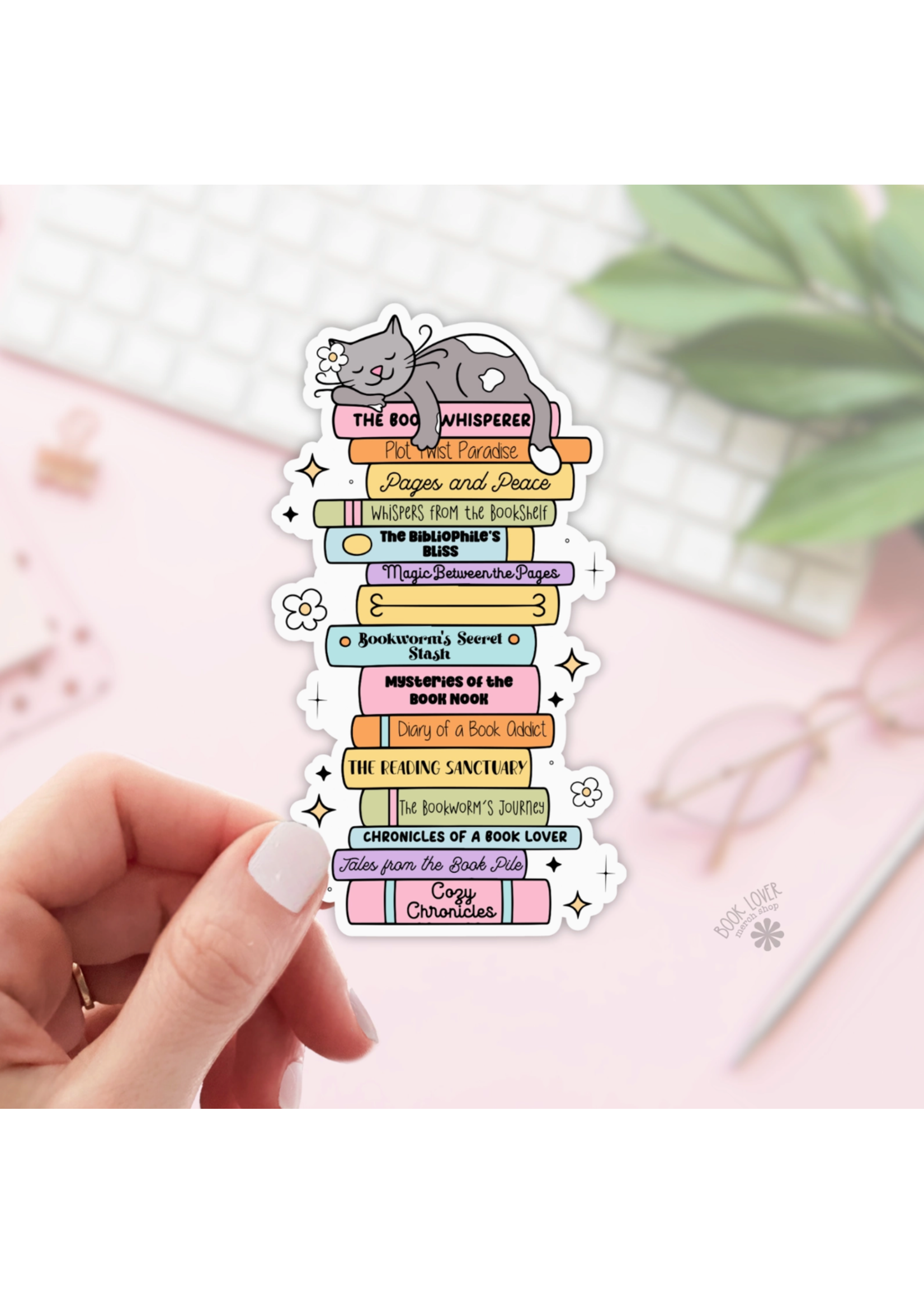 Book Lover Merch Shop Cat on Stack of Books Vinyl Sticker