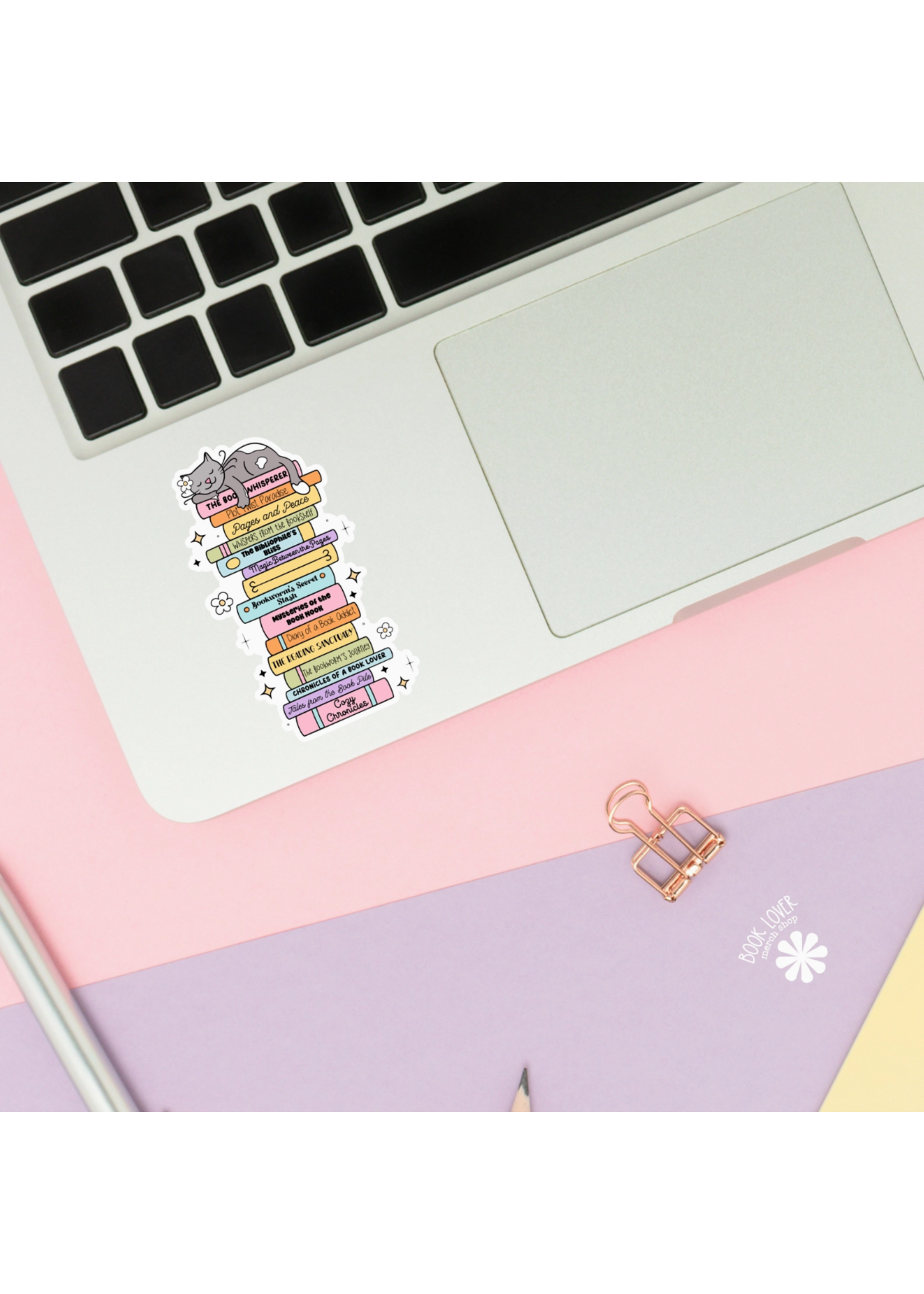 Book Lover Merch Shop Cat on Stack of Books Vinyl Sticker