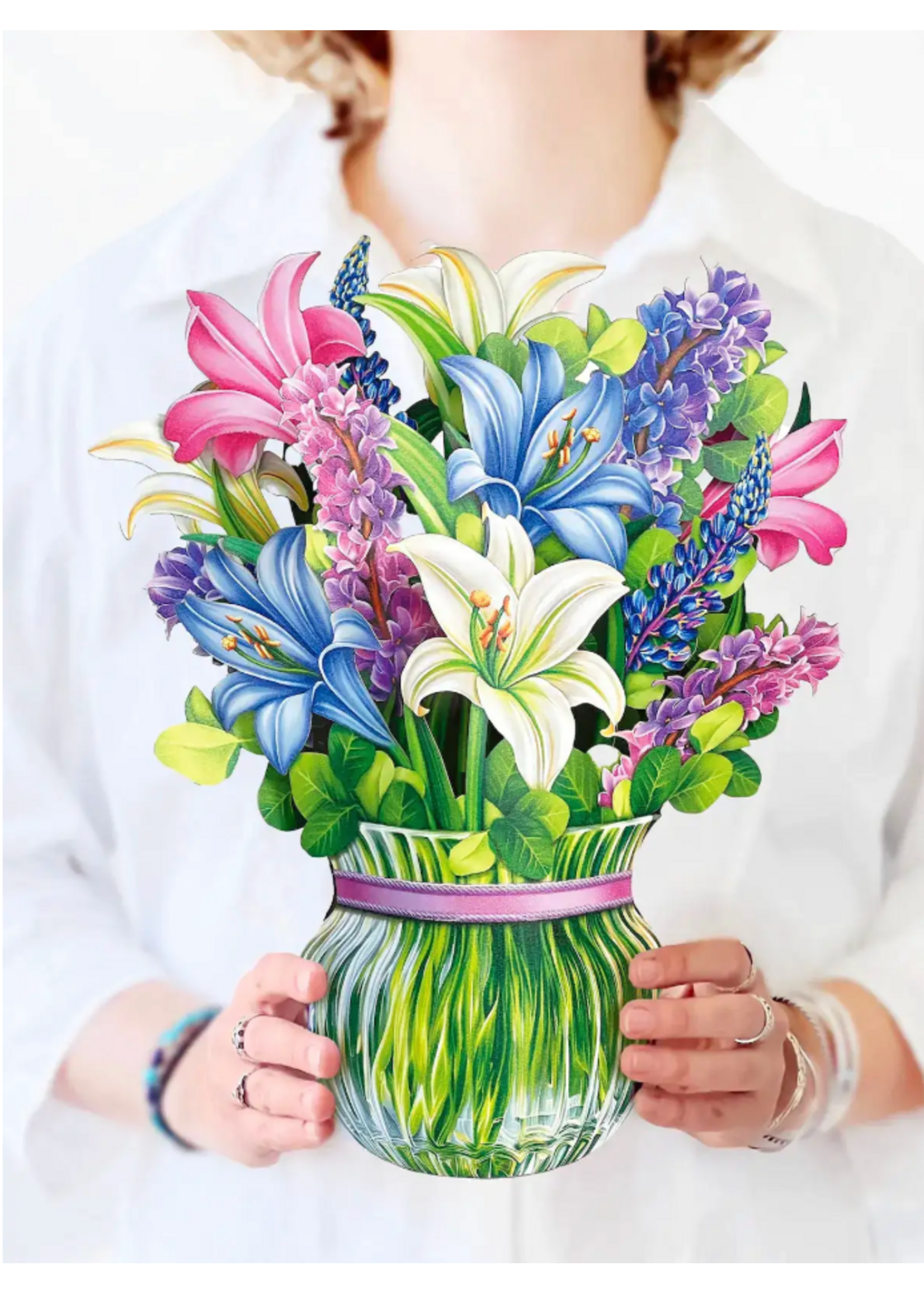 Fresh Cut Paper Lilies and Lupines Pop Up Flower Bouquet