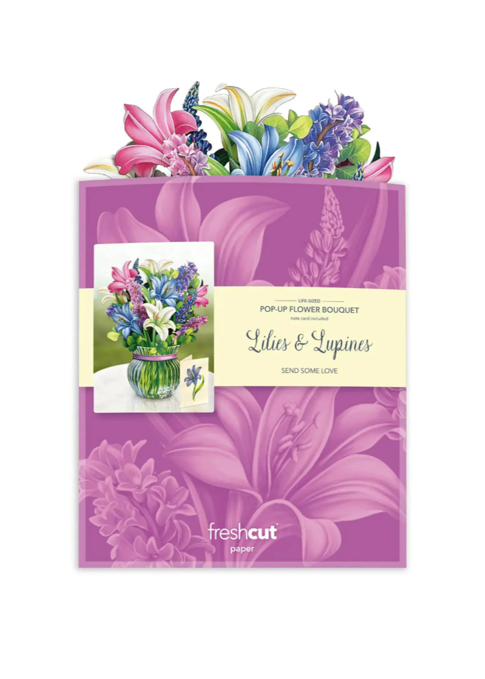 Fresh Cut Paper Lilies and Lupines Pop Up Flower Bouquet