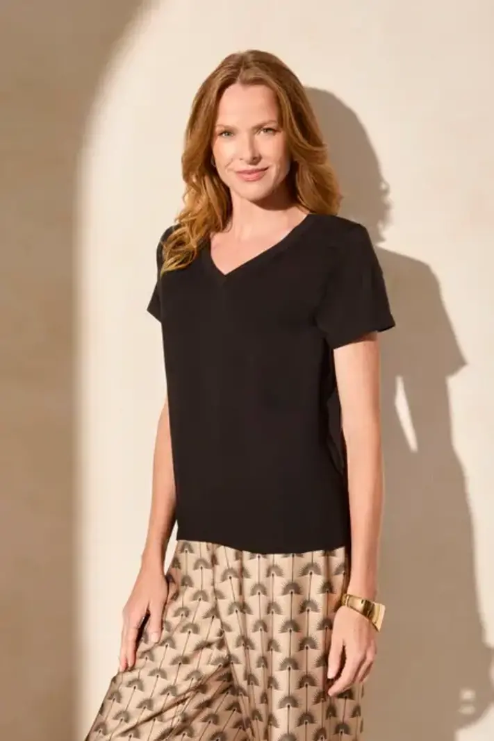 Tribal Mixed Media S/S V- Neck Top    5526O -ss25-