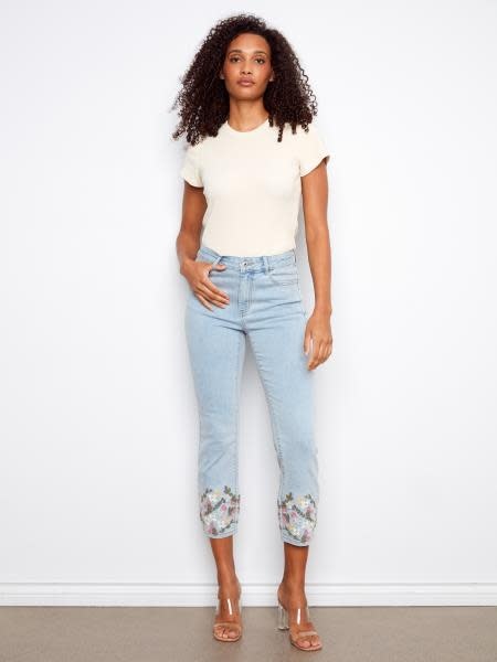 Charlie B Cropped  Stretch Denim Pants w/ Embroidered C5783 SS26