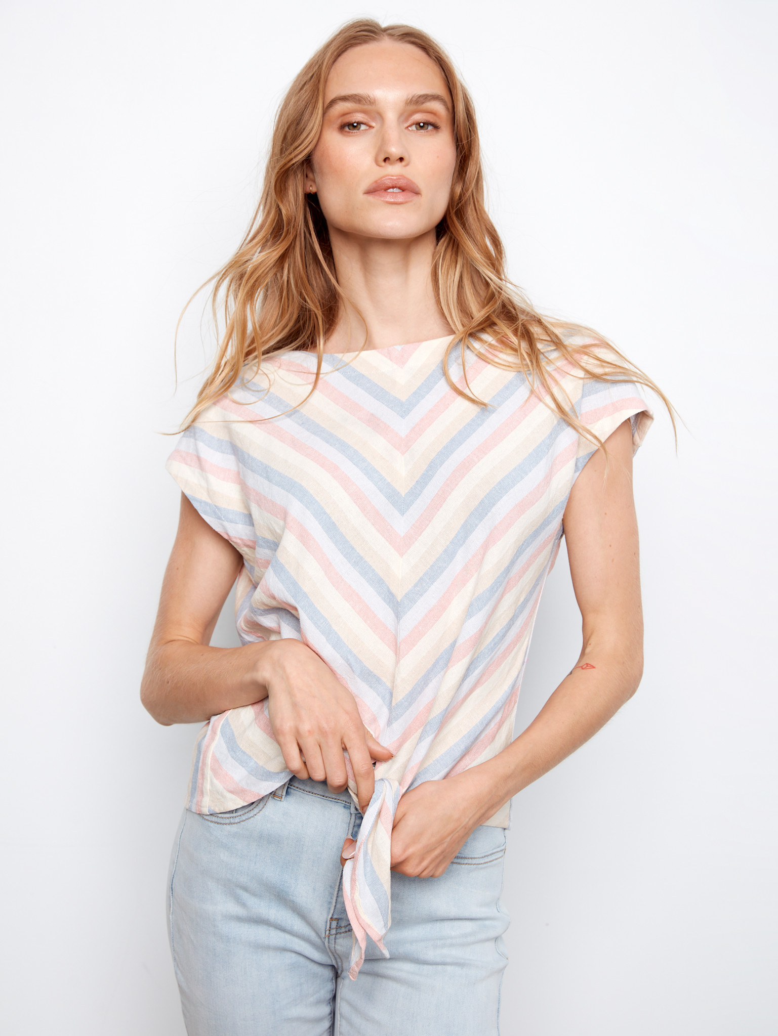 Charlie B Stripe Linen Tie Blouse SS26 C4271R