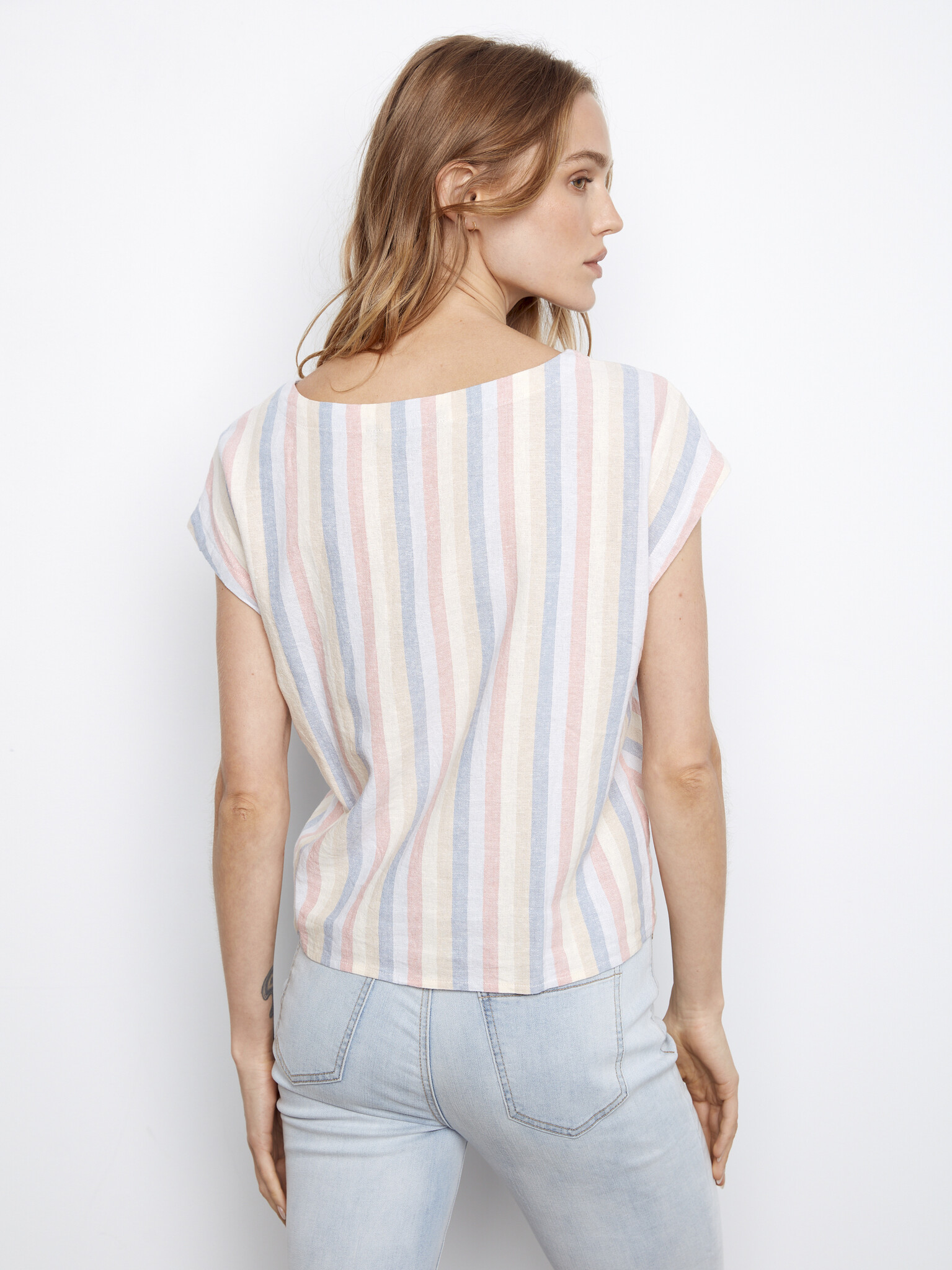 Charlie B Stripe Linen Tie Blouse SS26 C4271R