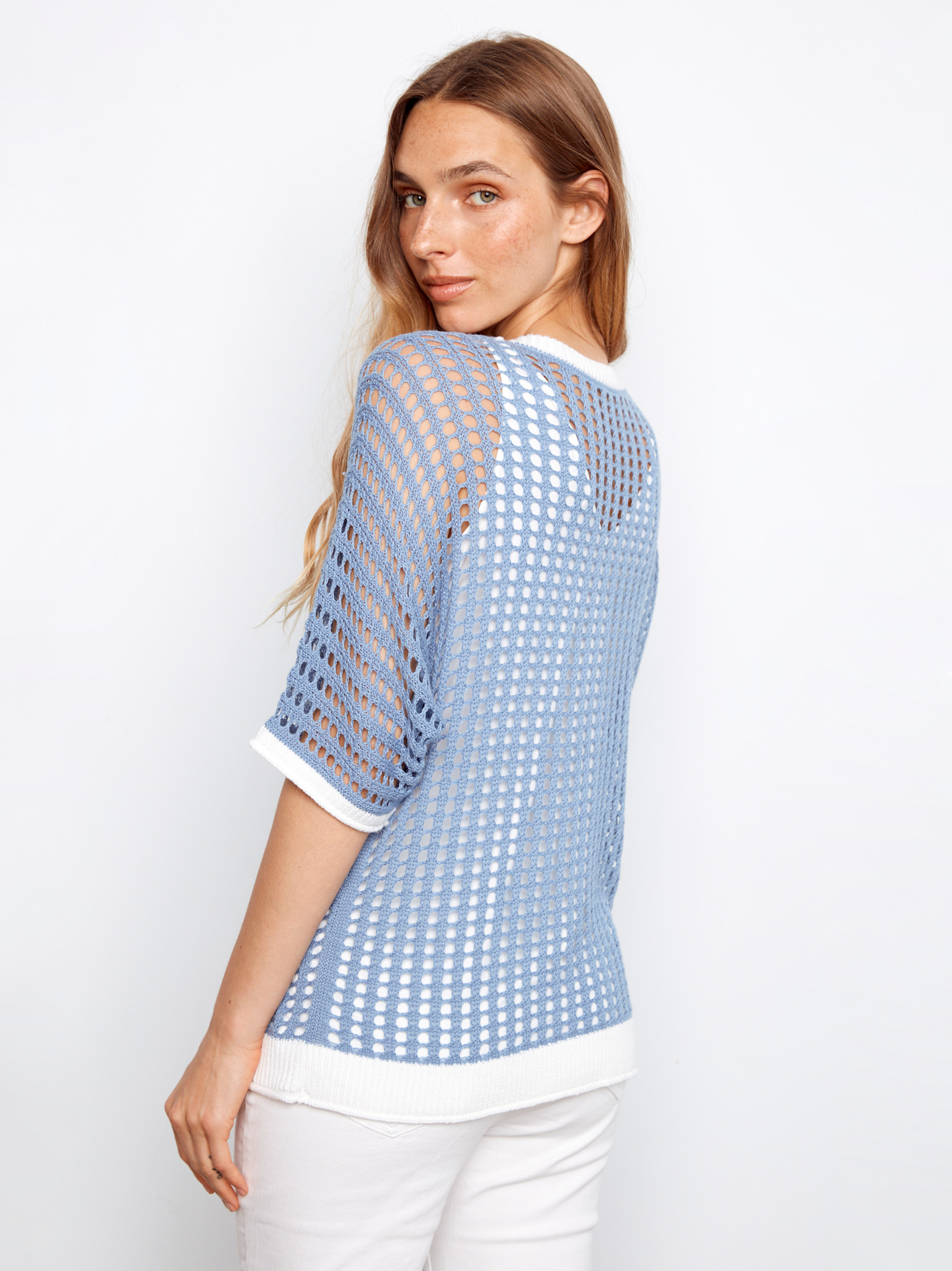 Charlie B Fishnet Dolman Elbow Sleeve Sweater SS26 C2953