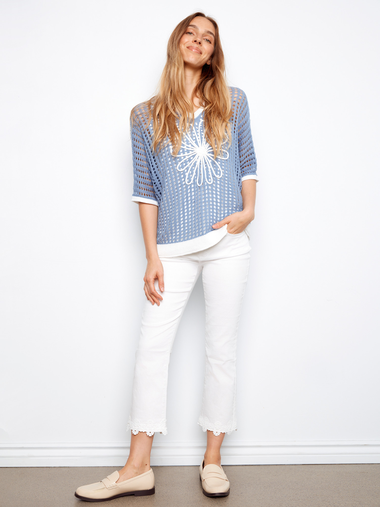 Charlie B Fishnet Dolman Elbow Sleeve Sweater SS26 C2953