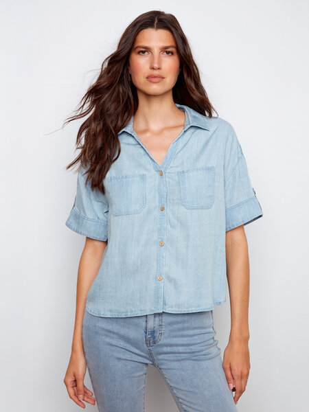 Charlie B Button Front Tencel Blouse W/  Pckt SS26 C4688