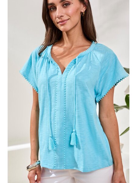 Tribal S/S SPLIT NECK TOP W/TASSEL 2475O-SS26