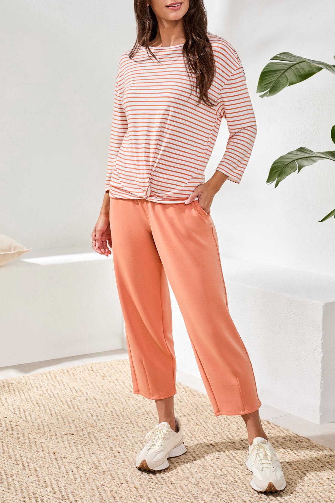 Tribal 3/4 SLV  BOAT NK TOP W/KNOT DTL 6158O-SS26