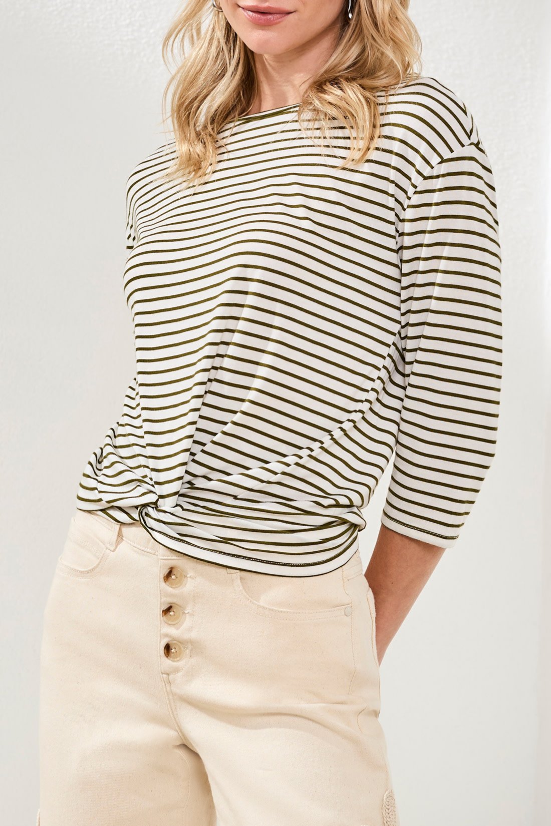 Tribal 3/4 SLV  BOAT NK TOP W/KNOT DTL 6158O-SS26