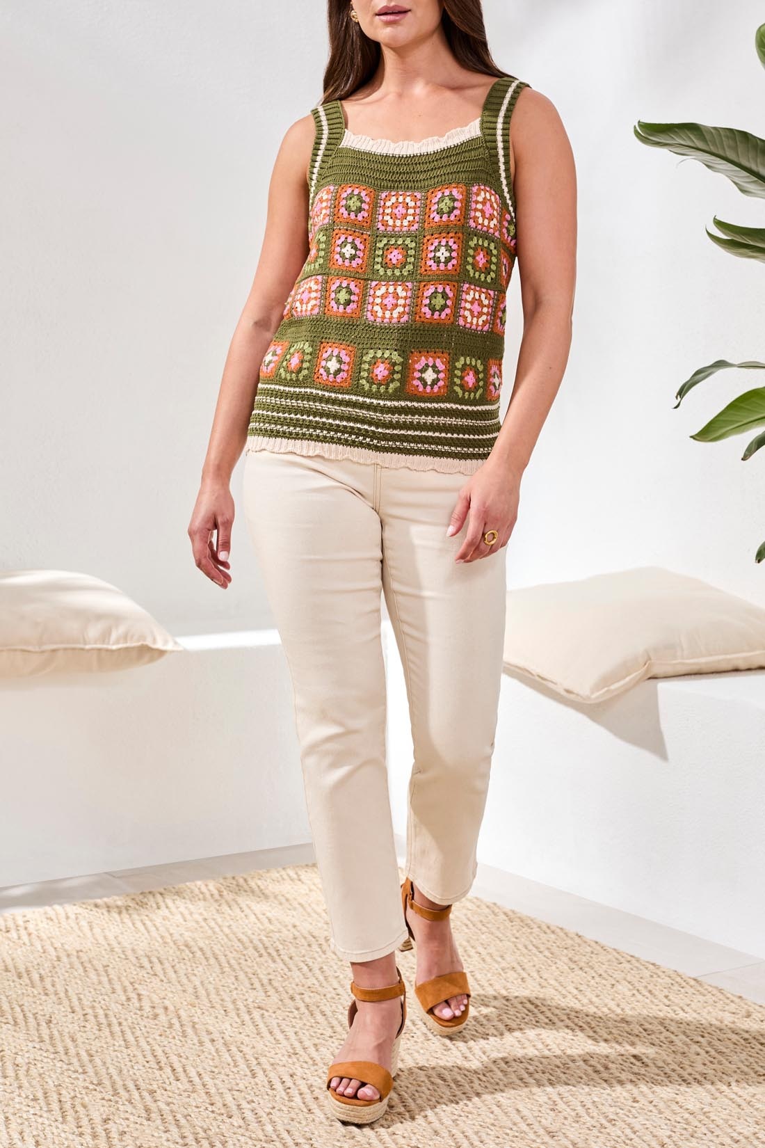 Tribal WIDE STRAP CROCHET DTL SWTR CAMI 6113O-SS26