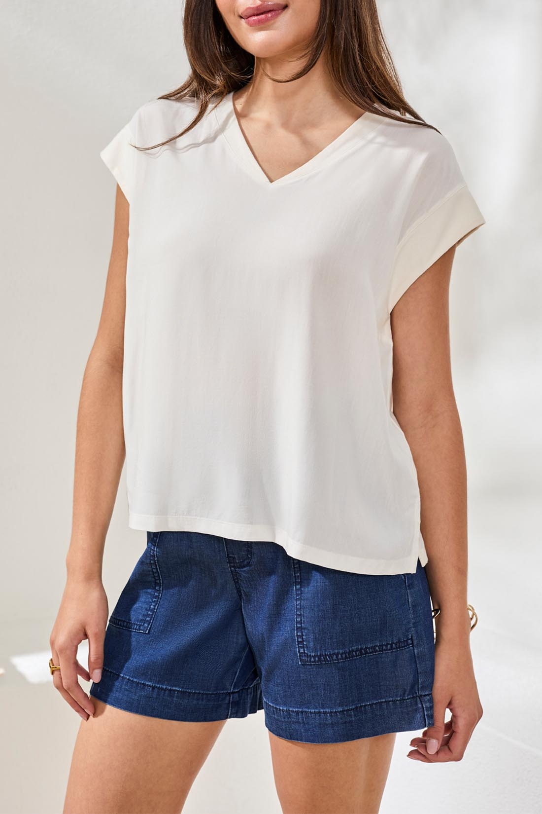 Tribal MIXED MEDIA CAP SLV V- NECK T- BLOUSE  6196O-SS26