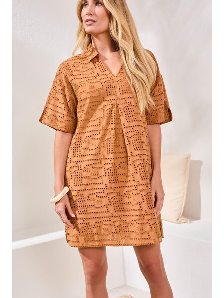 Tribal S/S V NECK COLLAR TUNIC DRESS W/LINING 2422O-SS26