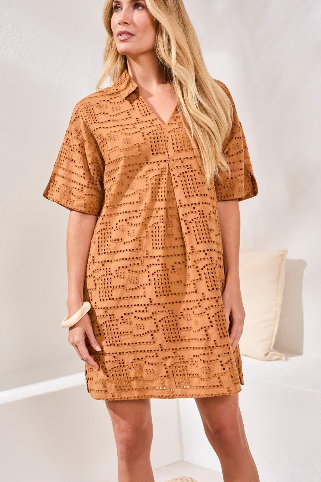Tribal S/S V NECK COLLAR TUNIC DRESS W/LINING 2422O-SS26