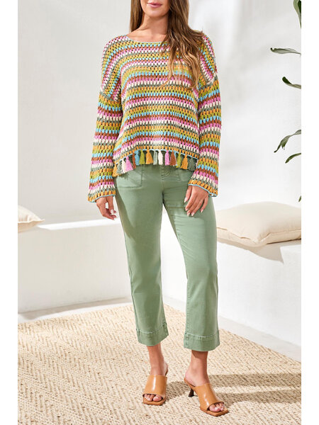 Tribal LONG BELL SLV SWEATER W/TASSELS TRIM 3034O-SS26