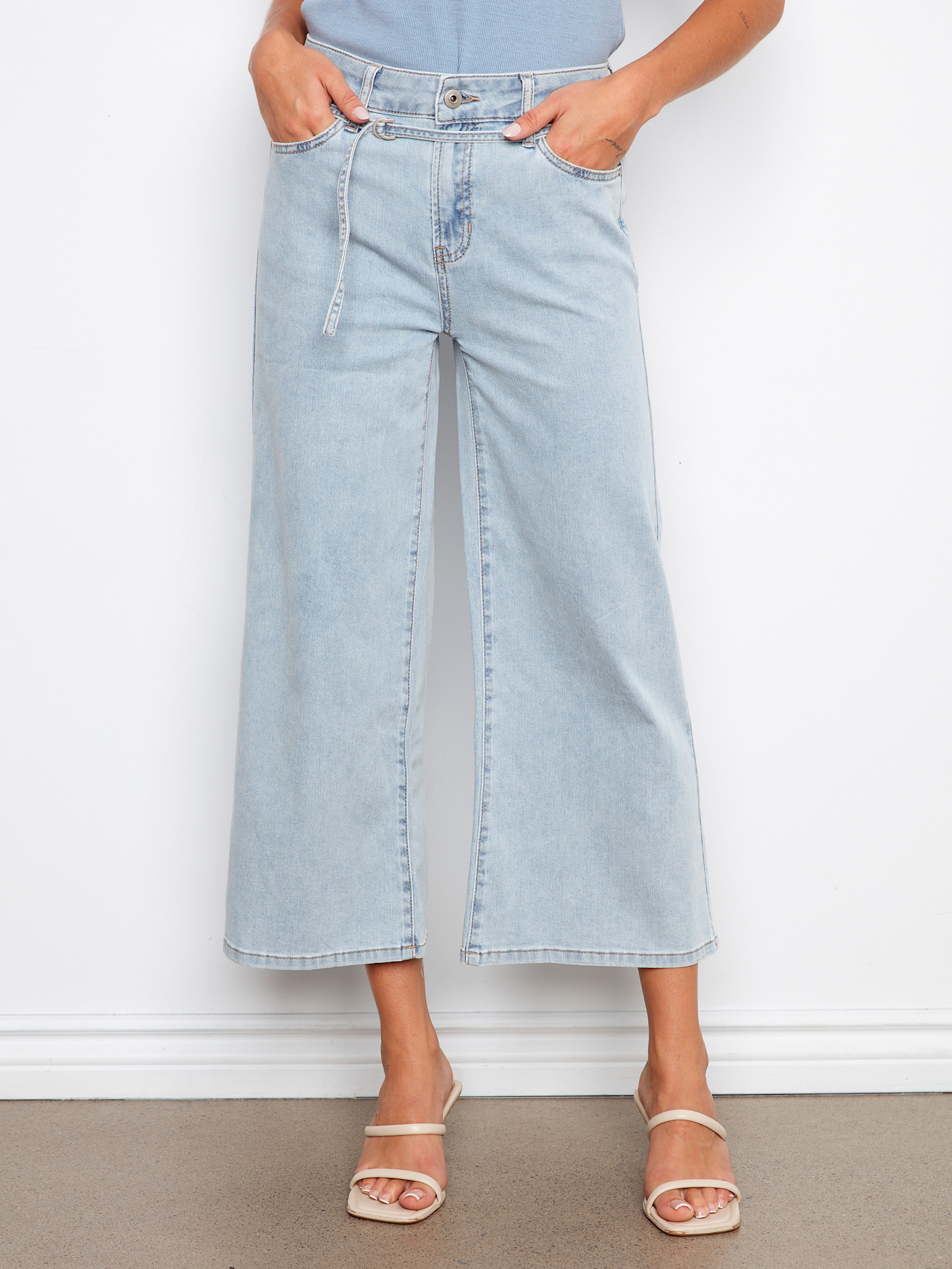 Charlie B Belted Stretch Denim Wide Leg Pants SS26 C5788