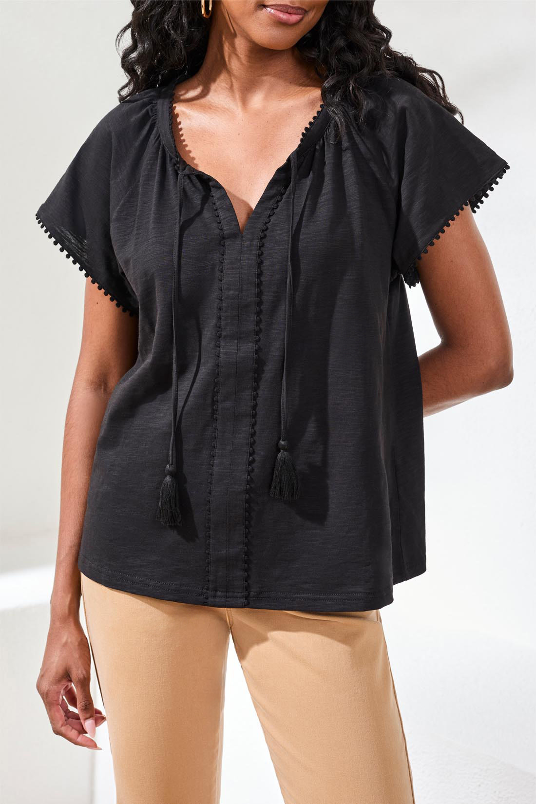 Tribal S/S SPLIT NECK TOP W/TASSEL 2475O-SS26