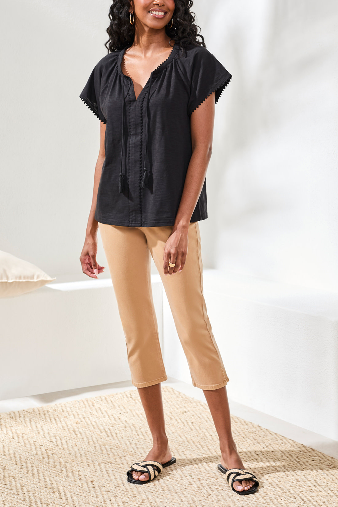 Tribal S/S SPLIT NECK TOP W/TASSEL 2475O-SS26