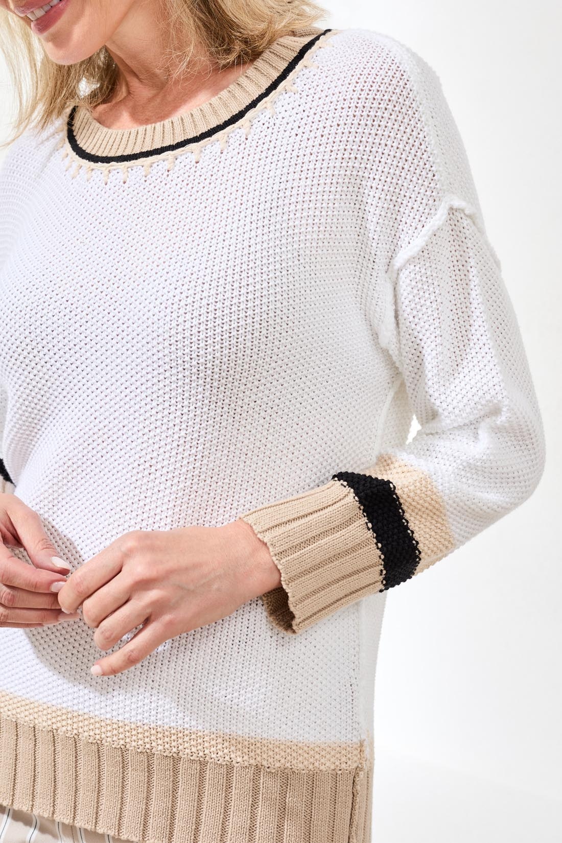 Tribal 3/4 SLV CREW NK SWEATER W/STITCH DTL 2432O-SS26