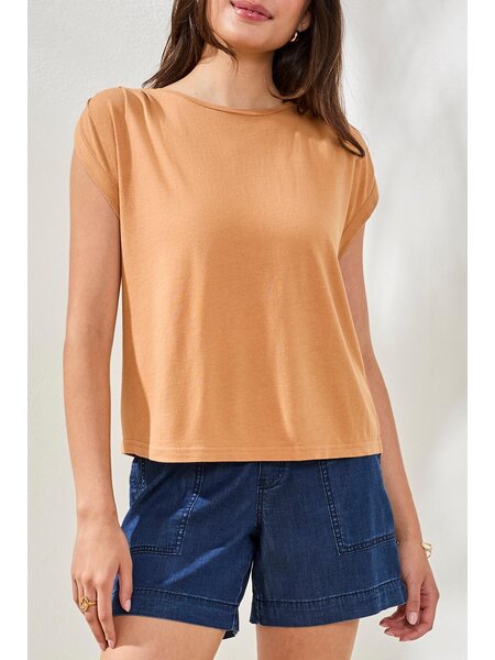 Tribal BOAT NECK CAP SLEEVE TOP W/ PLEATS  6077O-SS26